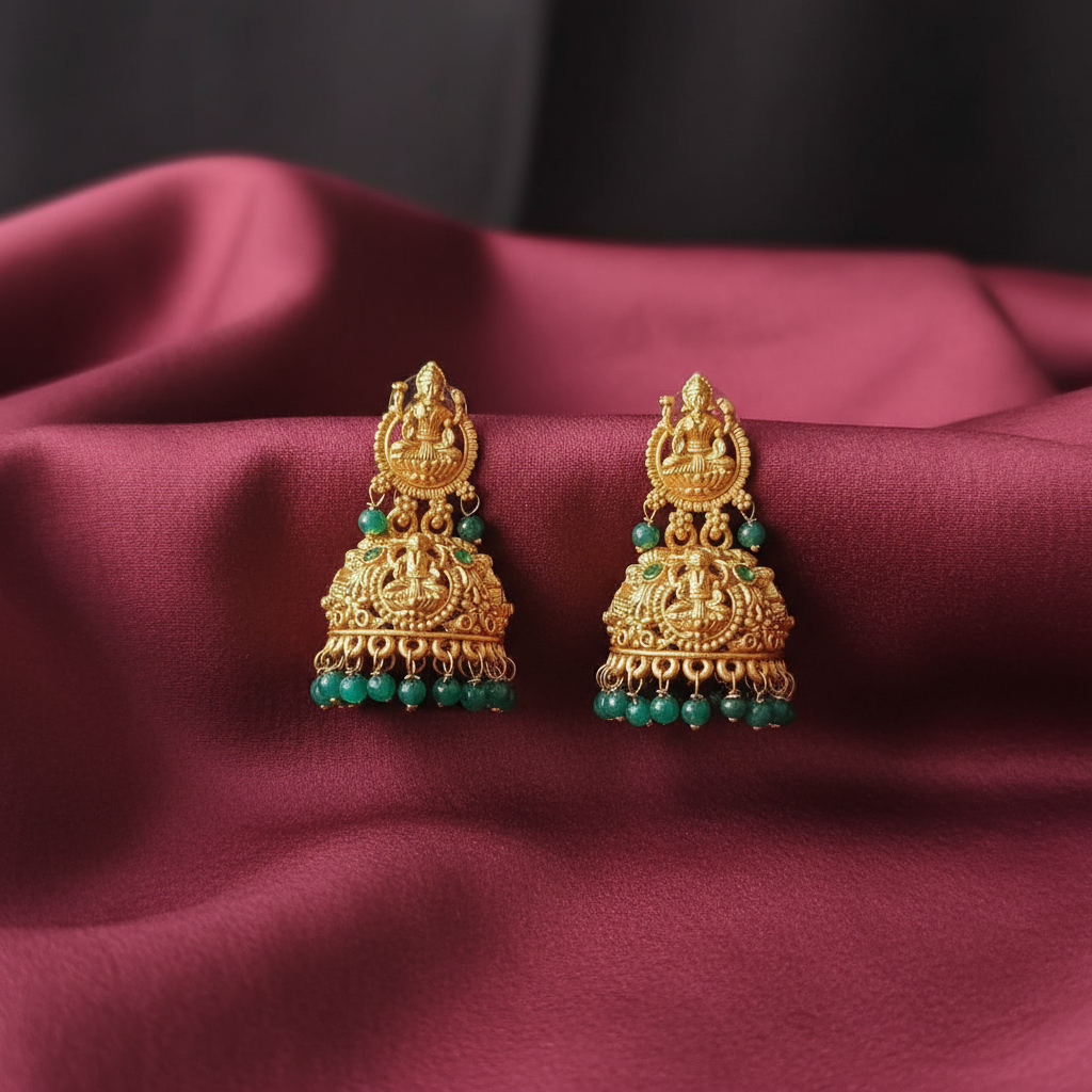 Traditional Gold-Toned Temple Jhumka Earring Green Beads Alloy Jhumki Earring