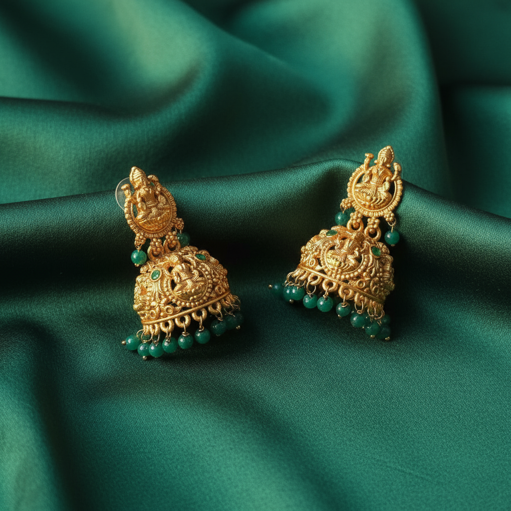 Traditional Gold-Toned Temple Jhumka Earring Green Beads Alloy Jhumki Earring - Image 2