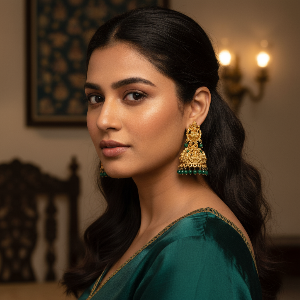 Traditional Gold-Toned Temple Jhumka Earring Green Beads Alloy Jhumki Earring - Image 4