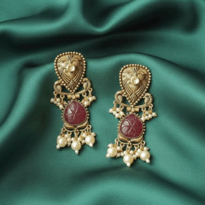 Antique Gold Peacock-Inspired Pink Stone Pearl Drop Statement Earrings