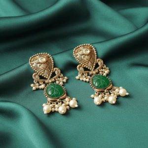 Antique Gold Peacock-Inspired Green Stone Pearl Drop Statement Earrings
