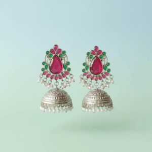 Traditional Ruby & Emerald Stone Silver Jhumka Earrings