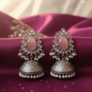 Pastel Pink Kundan & Pearl Oxidized Silver Jhumka Earrings