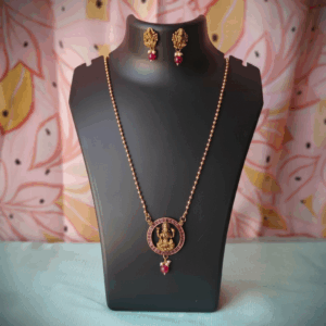 Traditional Gold-Tone Lakshmi Pendant Necklace Set with Matching Earrings