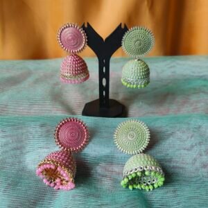 Pink & Green Beaded Jhumka Earrings