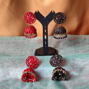 Traditional Stone Jhumka Earrings in Red & Black