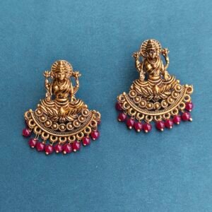 Antique Gold Lakshmi Temple Earrings with Red Beads