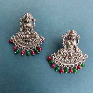 Antique Silver Finish Goddess Lakshmi Temple Earrings with Red & Green Beads