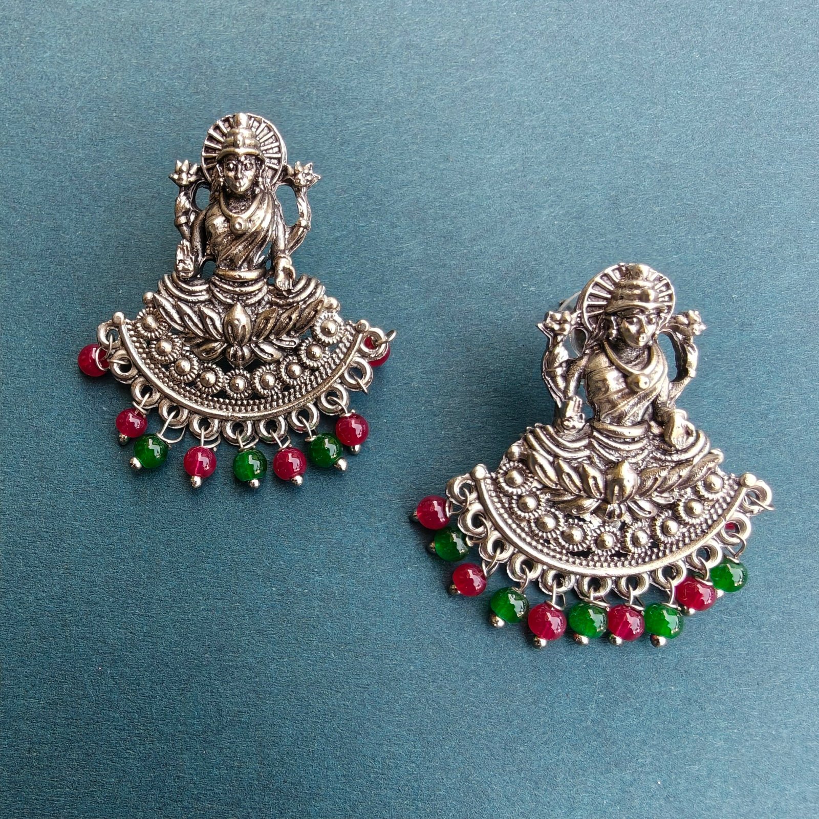 Antique Silver Finish Goddess Lakshmi Temple Earrings with Red & Green Beads
