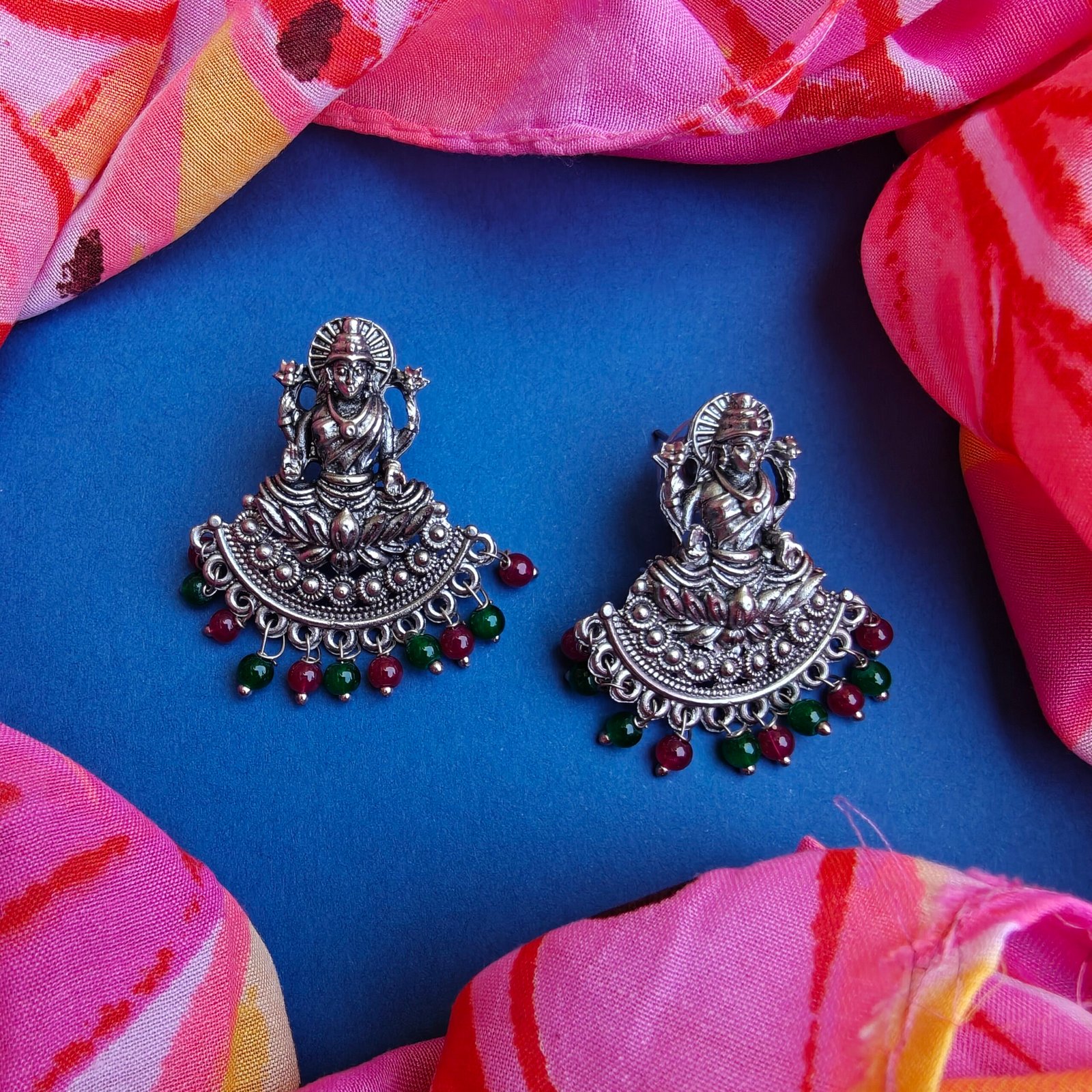 Antique Silver Finish Goddess Lakshmi Temple Earrings with Red & Green Beads - Image 2