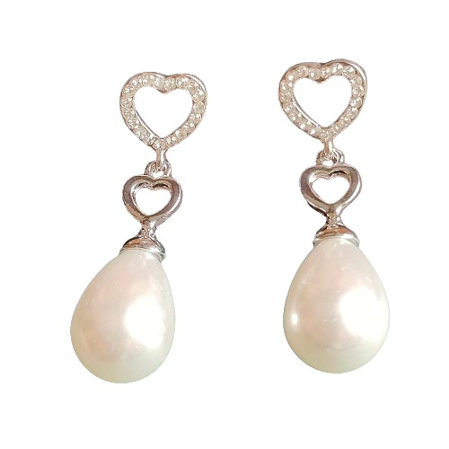 Silver-Toned Double Heart Pearl Drop Earrings For Women and Girls - Image 3