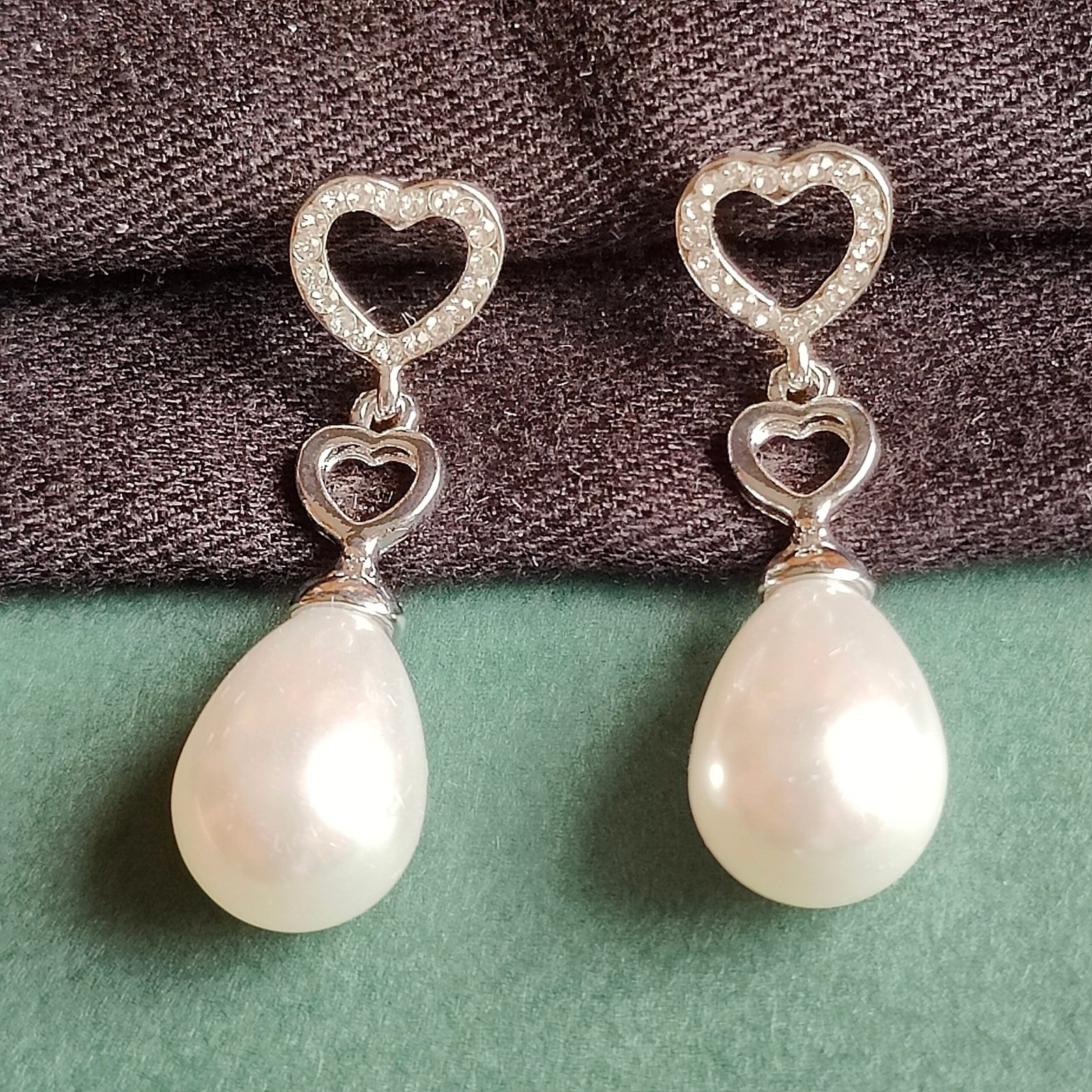 Silver-Toned Double Heart Pearl Drop Earrings For Women and Girls