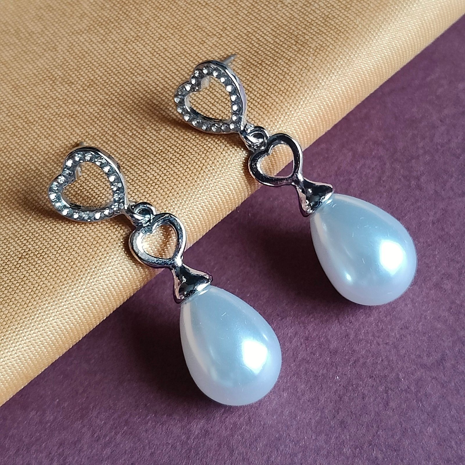 Silver-Toned Double Heart Pearl Drop Earrings For Women and Girls - Image 2