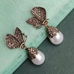 Butterfly Design Pearl Drop Earrings with Crystal Studded Wings
