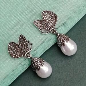 Butterfly Design Pearl Drop Earrings with Crystal Studded Wings