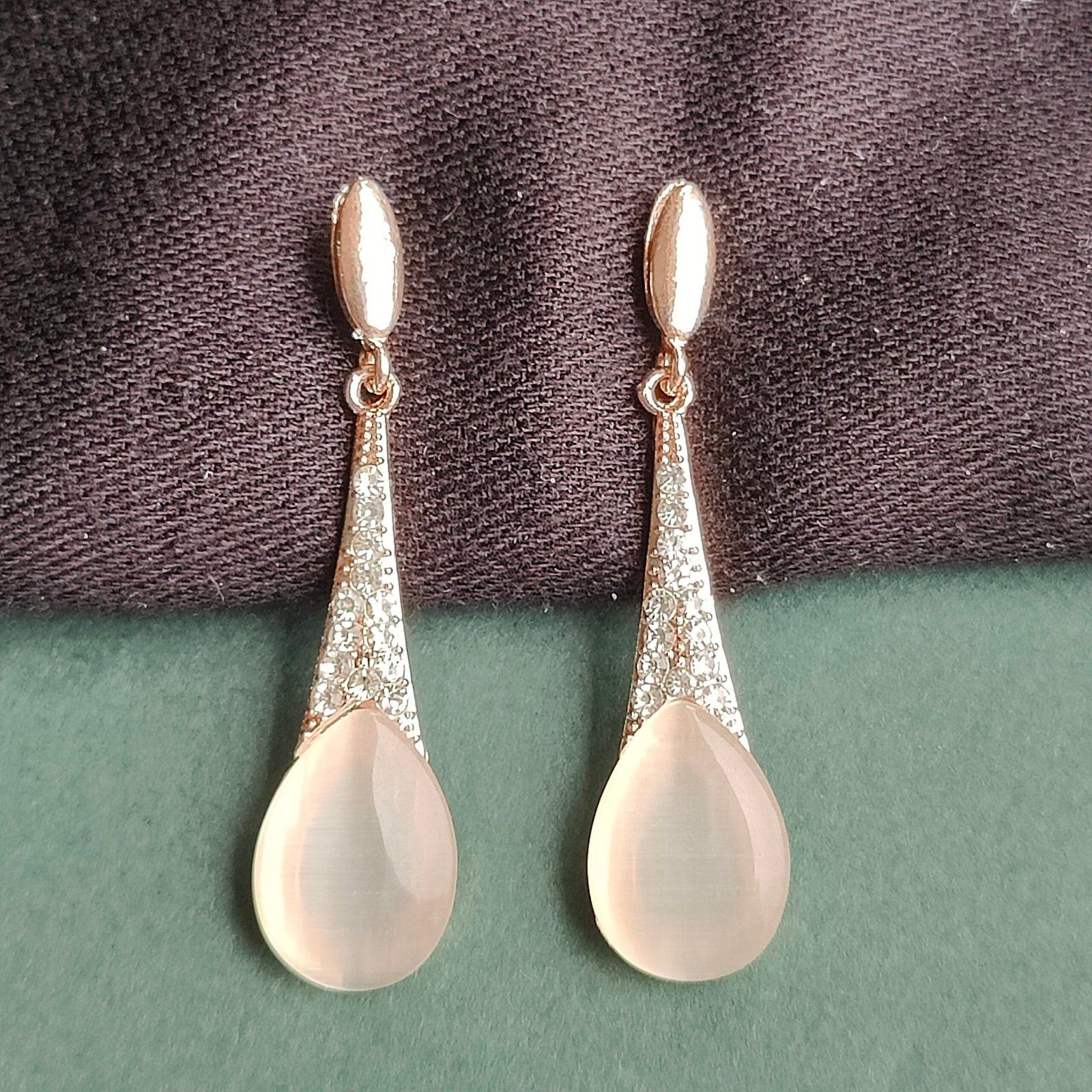 Elegant Rose Gold Teardrop Earrings with Crystal Studded Design - Image 2