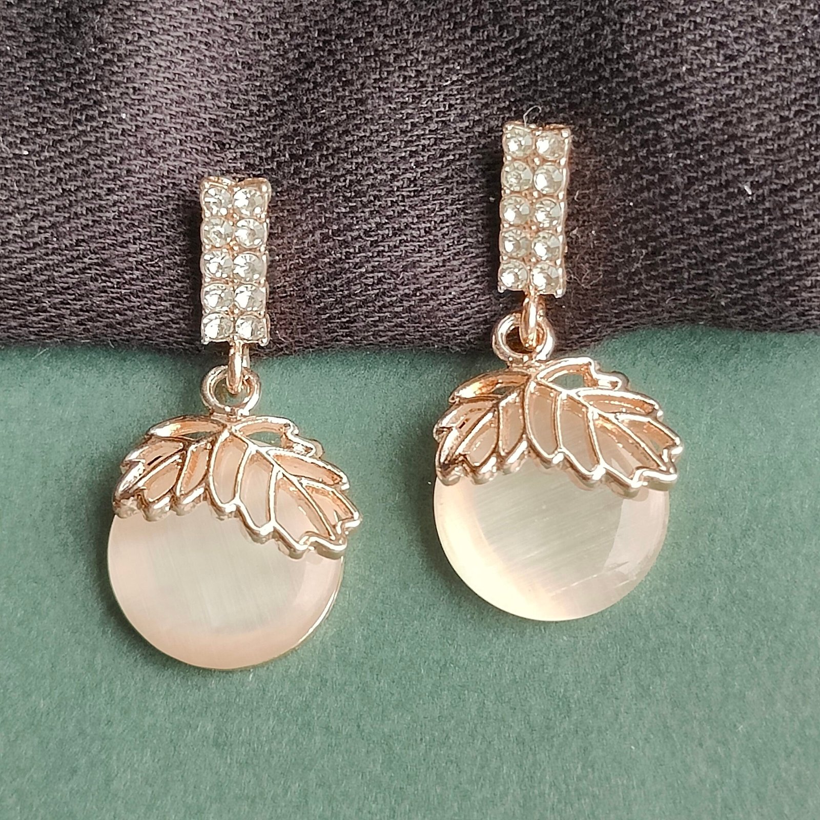 Elegant Rose Gold Leaf Drop Earrings with Crystal Stud - Image 2