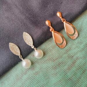 Elegant Pearl & Teardrop Crystal Drop Earrings – Silver & Gold Finish