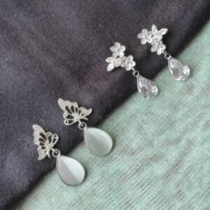 Butterfly & Floral Teardrop Crystal Earrings – Silver Finish