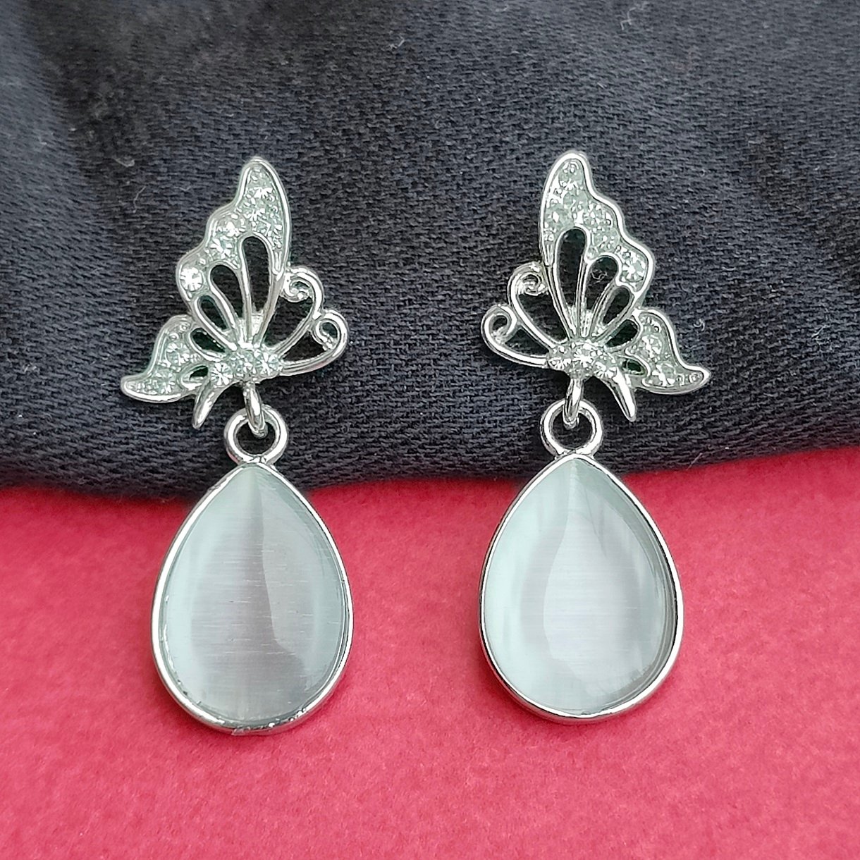 Butterfly & Floral Teardrop Crystal Earrings – Silver Finish - Image 2