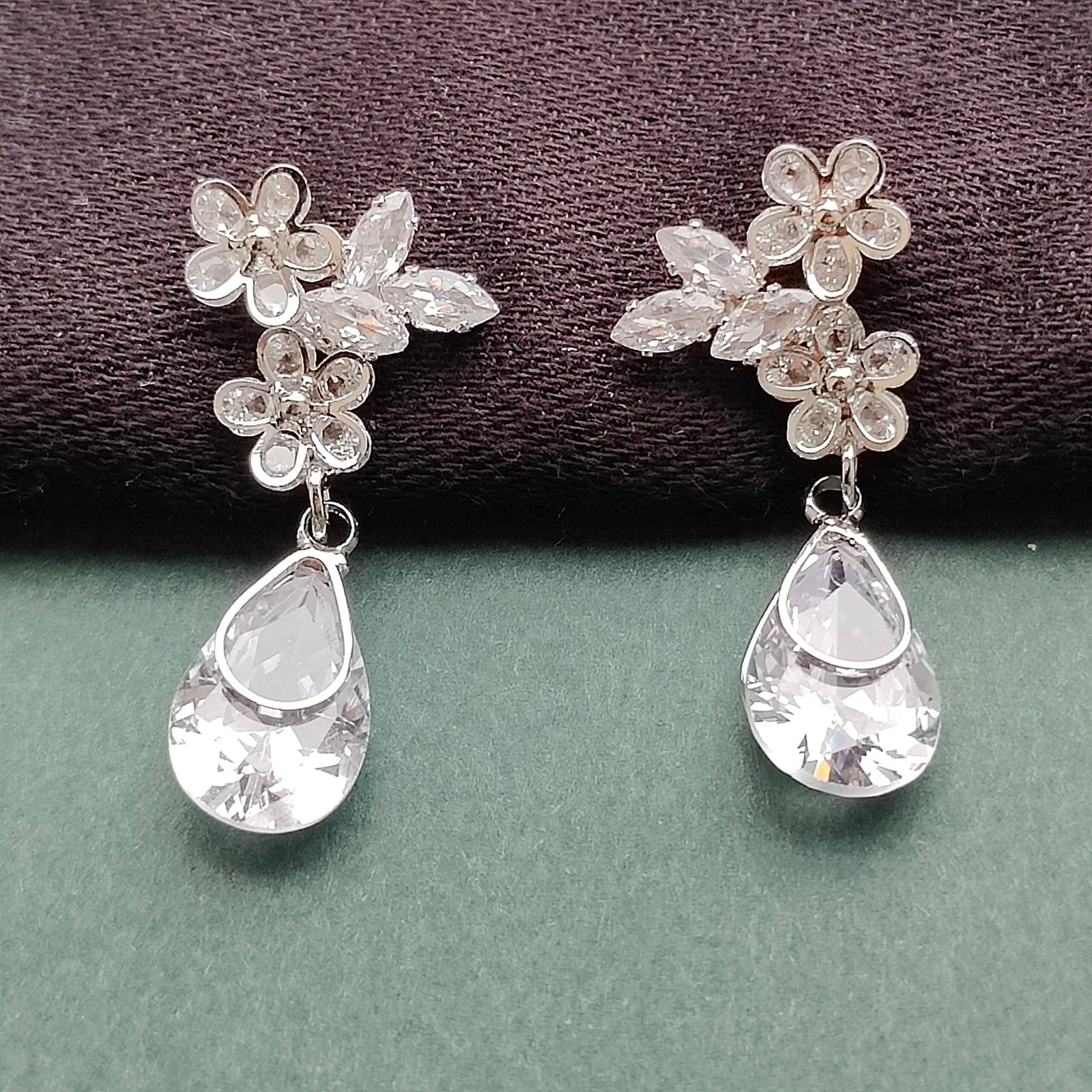 Butterfly & Floral Teardrop Crystal Earrings – Silver Finish - Image 3
