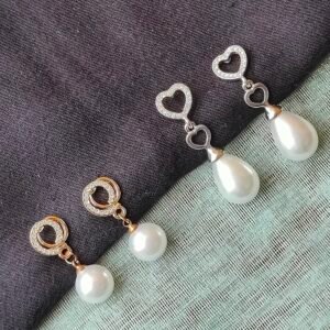 Elegant Heart & Circle Pearl Drop Earrings – Gold & Silver Finish  Description: