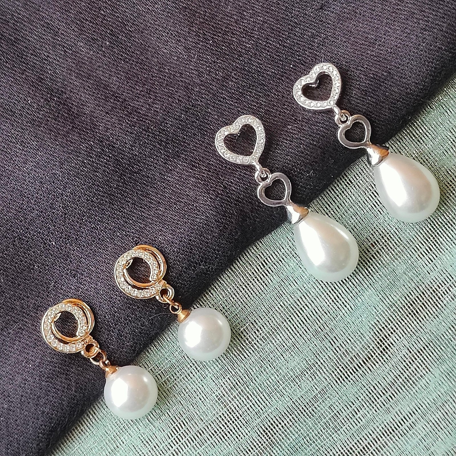 Elegant Heart & Circle Pearl Drop Earrings – Gold & Silver Finish Description: