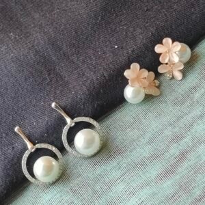 Elegant Pearl Hoop & Floral Stud Earrings Combo – Silver & Pastel Finish