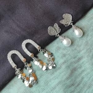 Silver Statement Sequin Hoops & Butterfly Pearl Drop Earrings Combo