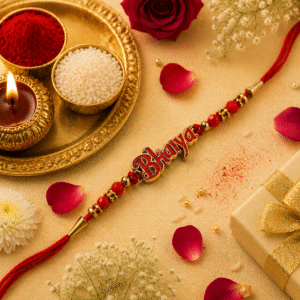 Bhaiya Red Beaded Designer Rakhi with Roli & Chawal