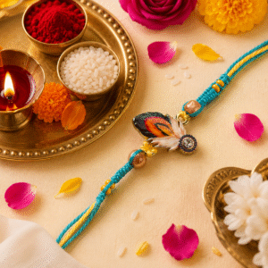 Colorful Peacock Feather Designer Rakhi with Roli & Chawal Pack