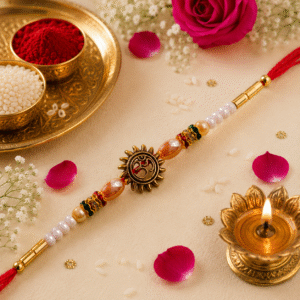 Auspicious Om Sun Designer Rakhi with Roli & Chawal Pack
