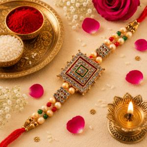 Premium Kundan Style Crystal Stone Designer Rakhi with Roli & Chawal Pack
