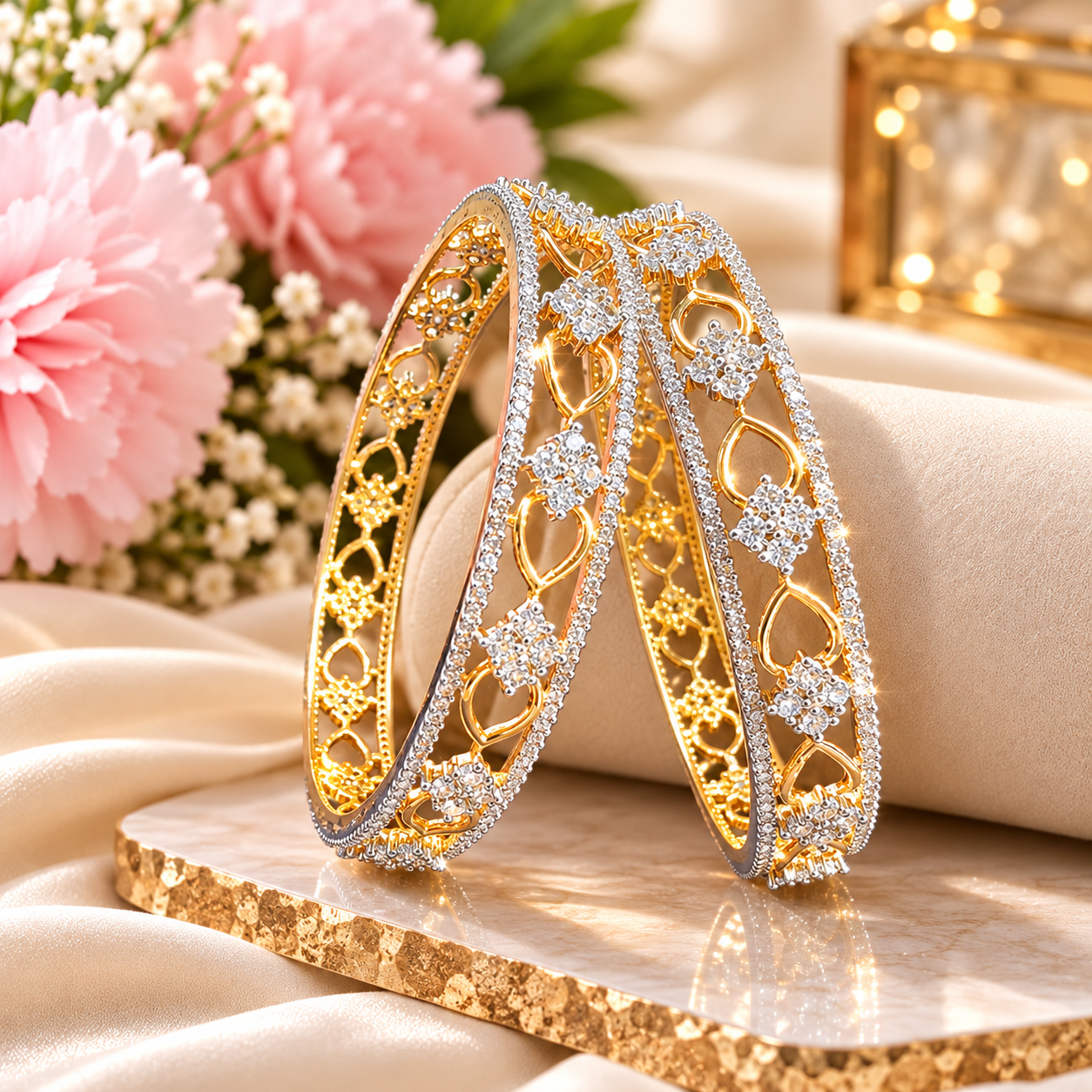 Gold-Tone CZ Floral Link Bangles Set Size- 2.4