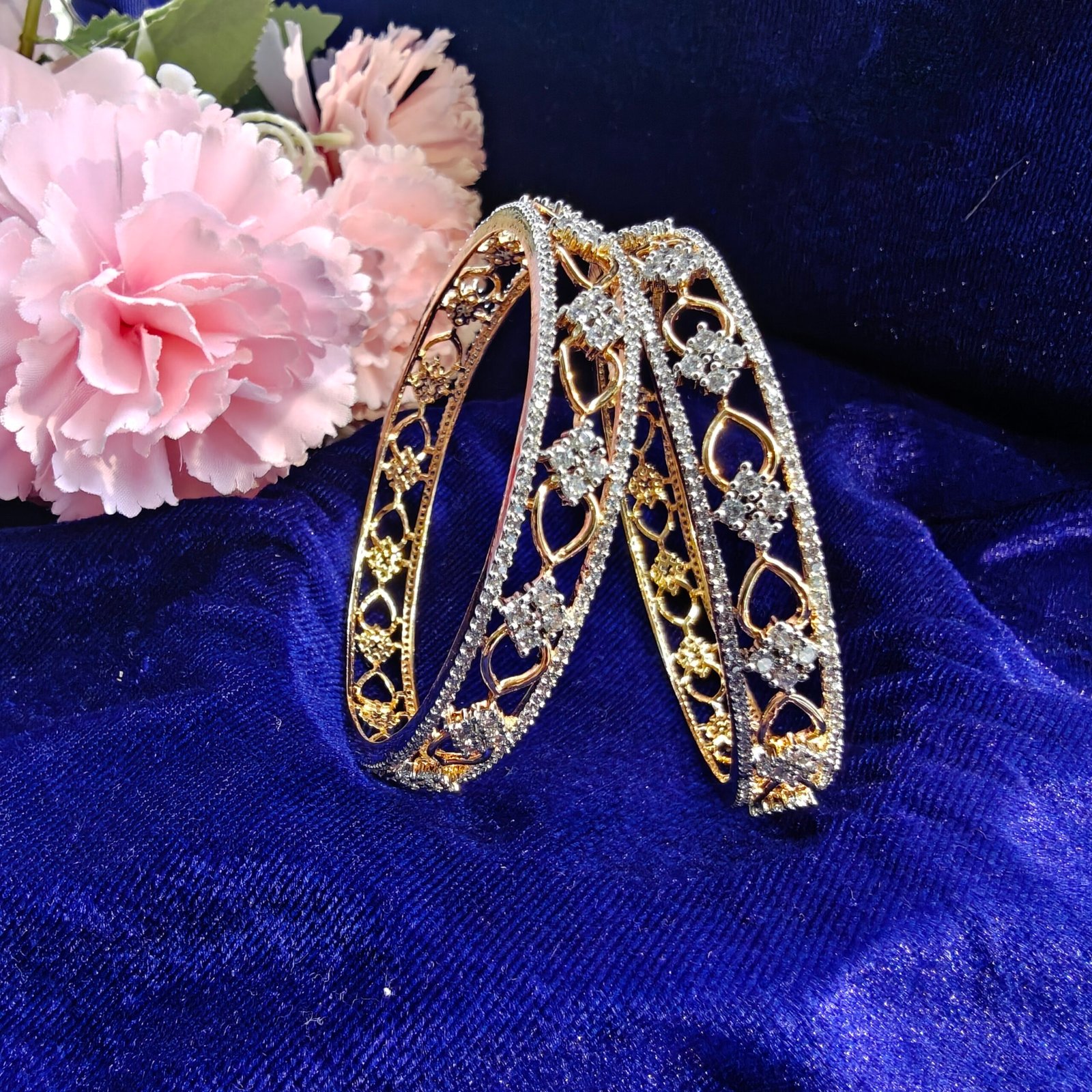 Gold-Tone CZ Floral Link Bangles Set Size- 2.4 - Image 2